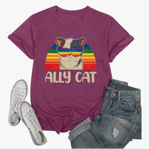 Ally Cat T-Shirt BNWT Sz L Rainbow LGBTQ Pride Maroon Purple Red Soft Cat Lady